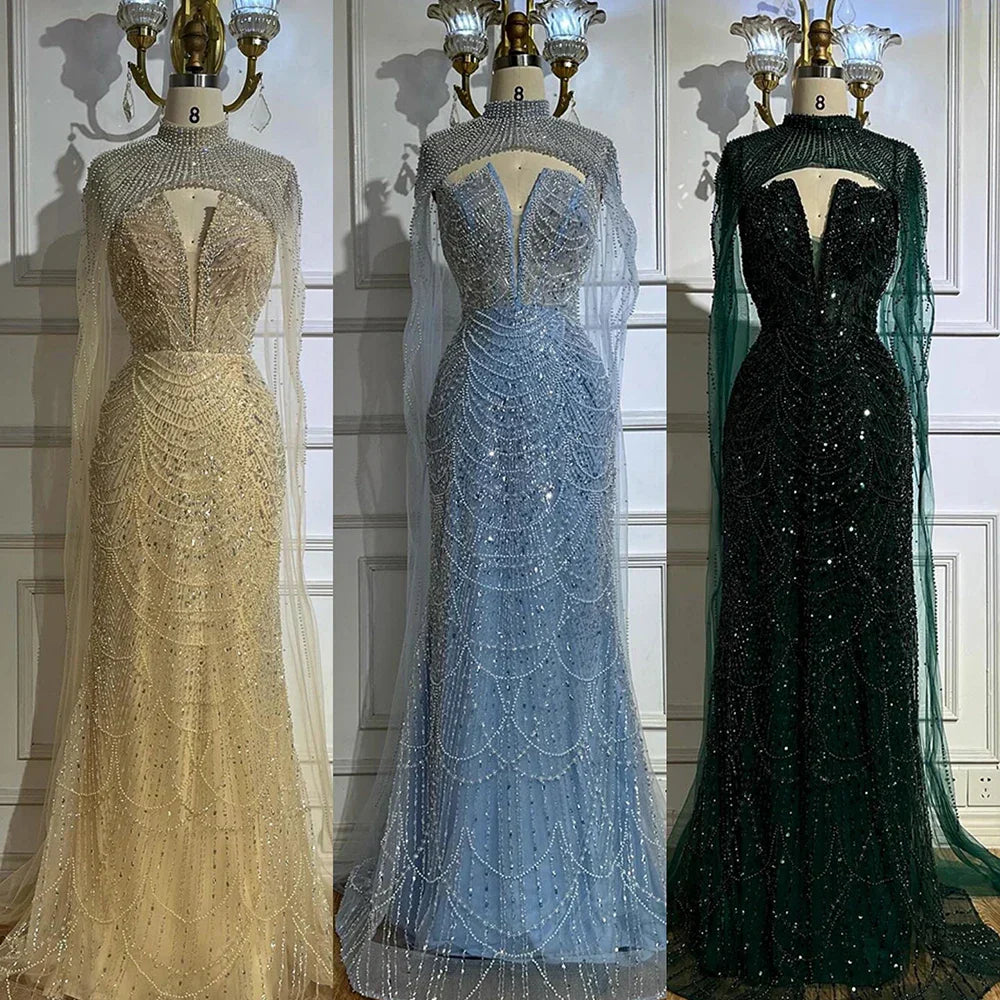 Luxuriöses Abendkleid Nude Perlen Bestickte Robe mit Tüllschleppe