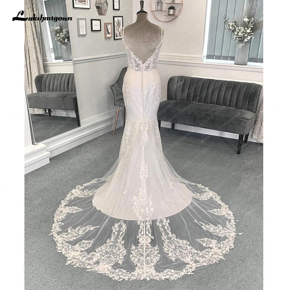 Vestido de novia NumberSea sexy de sirena con encaje de satén suave para mujer 2025, vestidos de novia con tirantes finos 