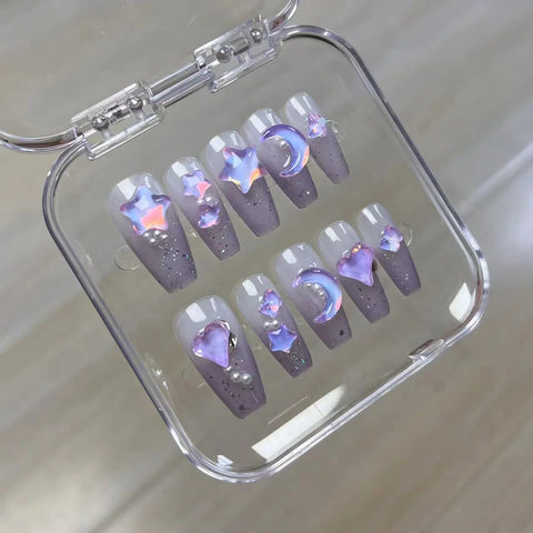 10pcs Detachable Press on Nails Sugar Cream Sparkling Handmade Fake Nails Glossy Purple False Nail Tips With 3D Moon Star Design