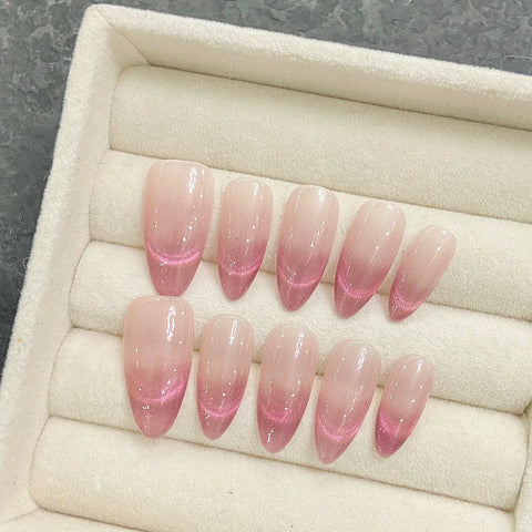 10pcs Glossy Cat's Eye Press On Nails Nude Purple Color Wearable Almond Handmade False Nails Daily Party Manicure For Women