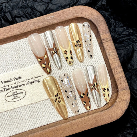 10pcs Vintage Leopard Print French Press On Nails Y2k Magic Mirror Dark Brown Handmade Fake Nails Flash Sequins False Nail Tips
