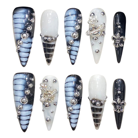 10pcs Handmade Press On Nails Autora Blue Long Stiletto Fake Nail Tips French Style Alligator Print Diamond Decor False Nails