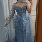 Luxury Blue Sequin Beaded Evening Dress with Cape Sleeves