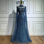 Luxuriöses, dezentes blaues Meerjungfrauen-Abendkleid mit Cape LA73006