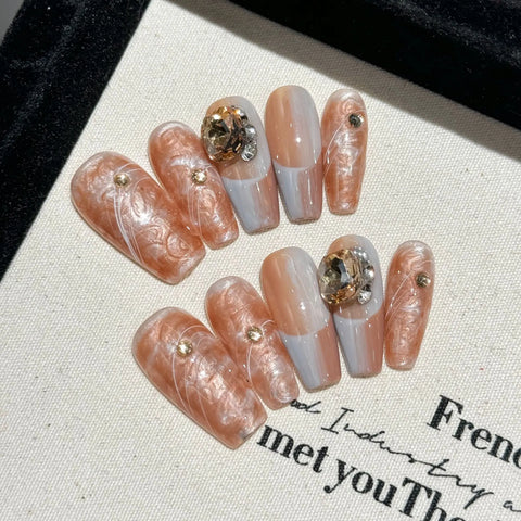 10pcs Handmade Autumn Press On Nails Mid-length Ladder Gold Foil Flower Tips Fake Nail White French Style False Nail For Women