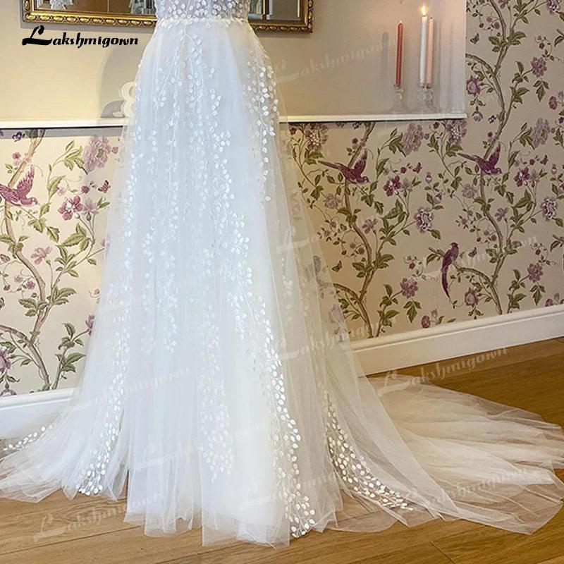 NumberSea Vintage Off White Boho Wedding Dress  Lace Applqiues Spaghetti Straps V Neck Bridal Gowns Tulle A Line trouwjurk