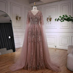 Elegant Beaded A-Line Evening Dress with Cape Sleeves