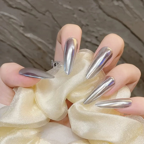 10 Stück handgemachte silberne Press-On-Nägel, glänzend, lang, mandelförmig, künstliche Nagelflecken, vollständige Abdeckung, Ballerina, tragbar, falsche Nagelspitzen für Mädchen 