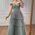 Luxuriöses rosa, verträumtes Abendkleid mit Rüschen und Perlen in A-Linie LA73385