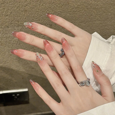 10pcs Glossy Pink Cat's Eye Press On Nails Hand Painted Pear Flower False Nail Full Cover Wearable Korean Style Fake Nail Patch