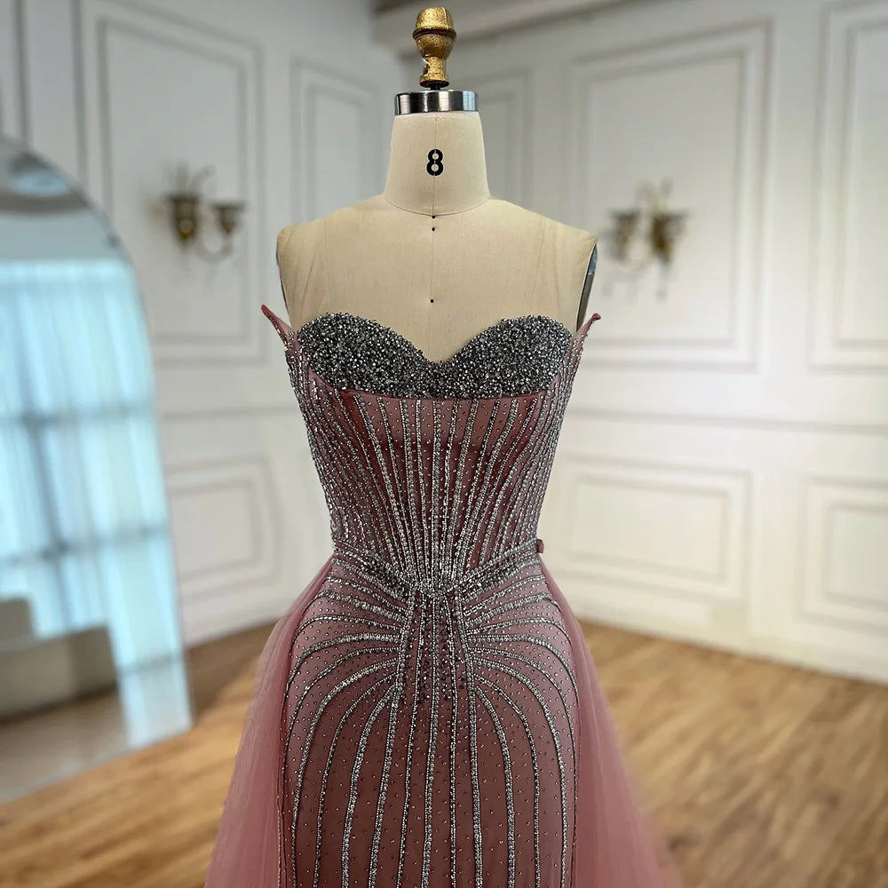 Abendkleid Pink Pearls, Perlenbesetzt, Arabische Meerjungfrau mit Überrock LA72811B