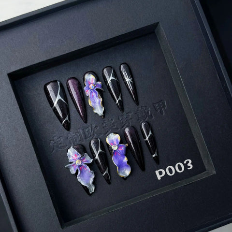 10pcs Sweet Cool Handmade False Nails Y2k Long Stiletto Blue 3D Carved Flower Press On Nails Hawaiian Style Summer Fake Nail