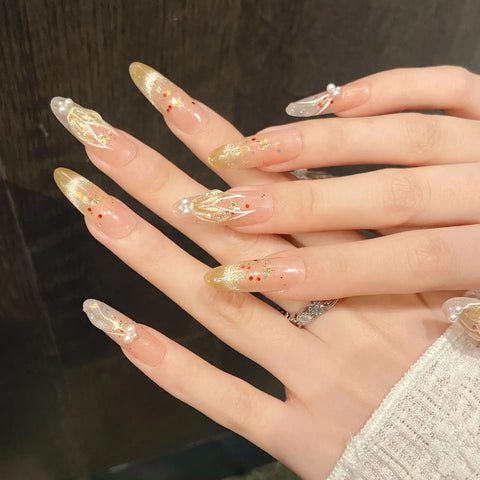 10pcs Shimmery Cat's Eye Handmade False Nails Hand-painted Gold Mermaid Tail Pearl Press On Nails Sweet Girls Almond Fake Nail