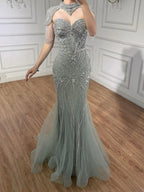 Vestido de Noche Sirena con Cuentas Color Nude de Lujo y Cuello Alto LA72897