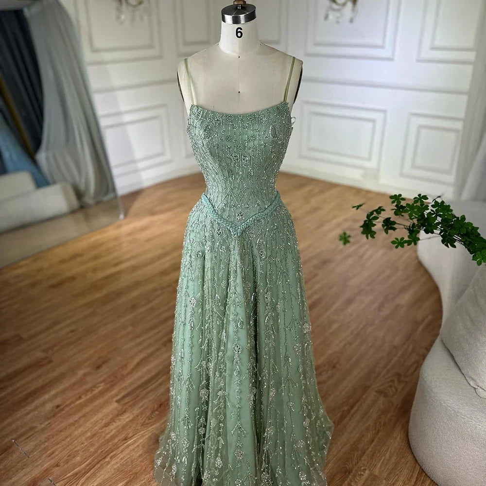 Luxury Sage Green Beaded A-Line Spaghetti Strap Evening Dress