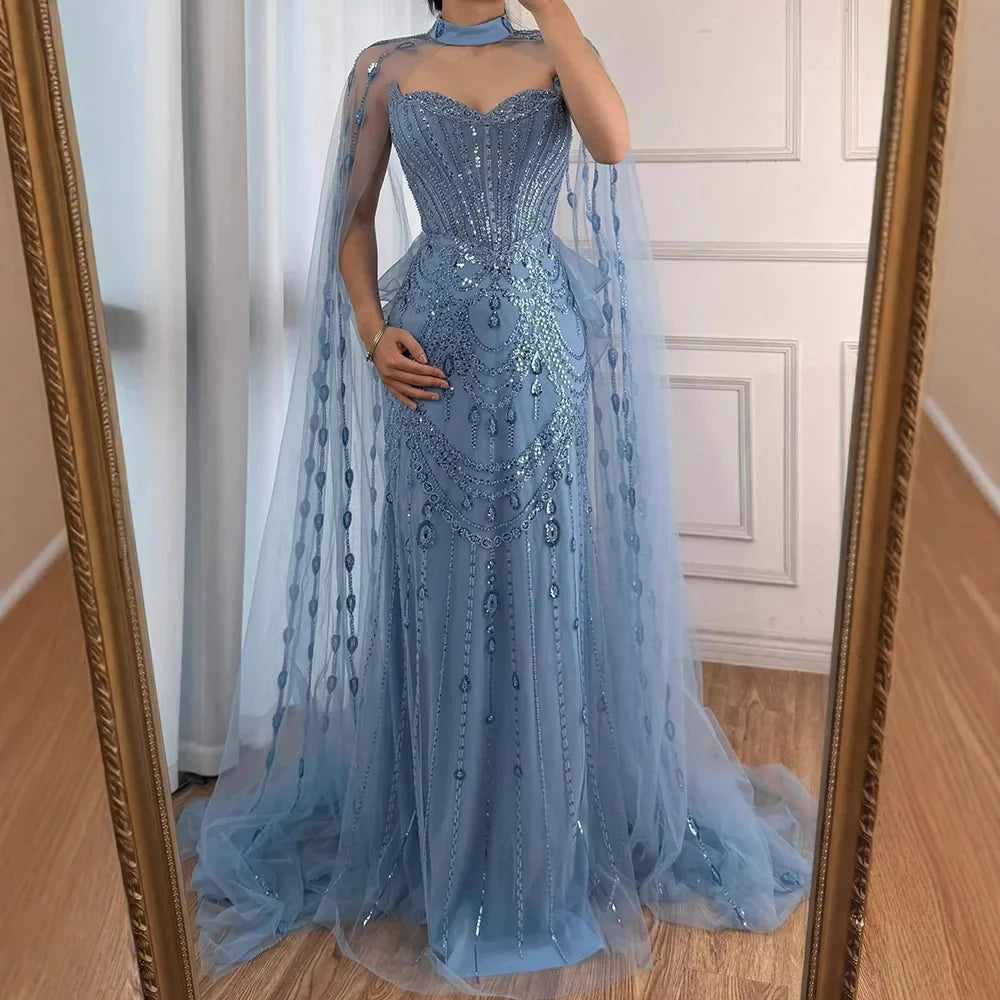 Luxury Blue Sequin Beaded Evening Dress with Cape Sleeves
