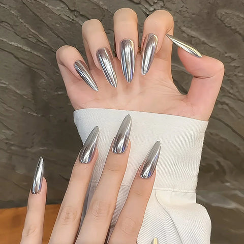 10 Stück handgemachte silberne Press-On-Nägel, glänzend, lang, mandelförmig, künstliche Nagelflecken, vollständige Abdeckung, Ballerina, tragbar, falsche Nagelspitzen für Mädchen 