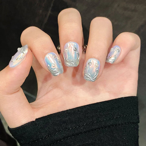 10pcs Handmade Press On Nails Aurora Short T & Long Stiletto Shape Fake Nail Set Silver Metal Designs Spicy Girl False Nail