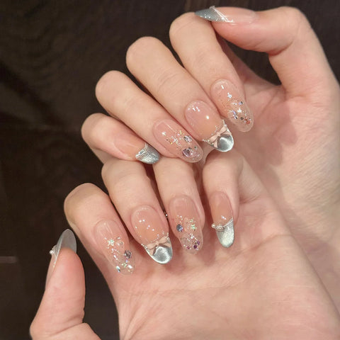 10pcs Flash Sequins Cat's Eye Press On Nails Sweet Almond Korean False Nail With Bows Pearl Decor Mint Green French Fake Nails