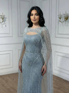 Vestido de Noche de Lujo Azul Diamante con Capa