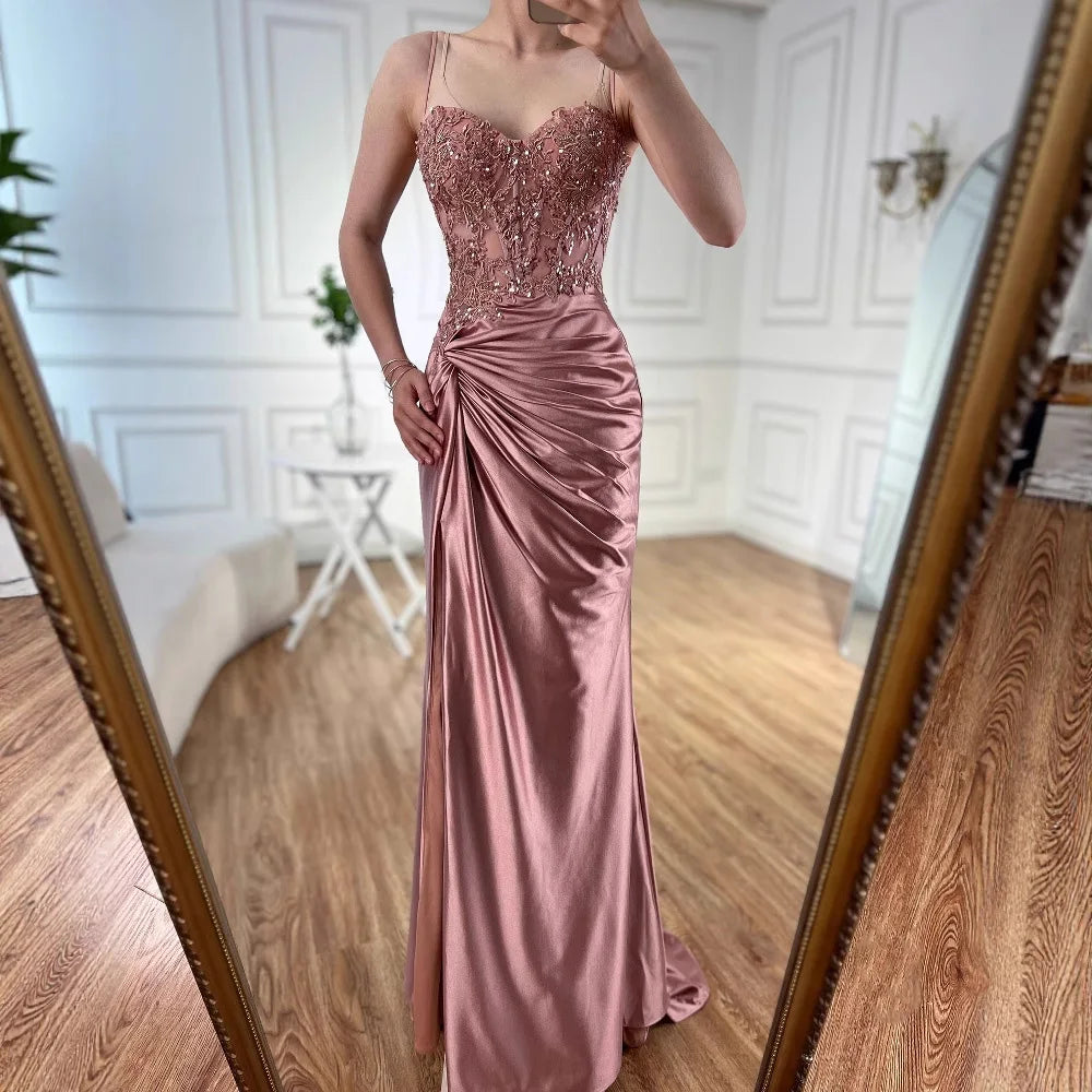 Luxuriöses salbeigrünes Satin-Ballkleid mit Schlitz LA73032