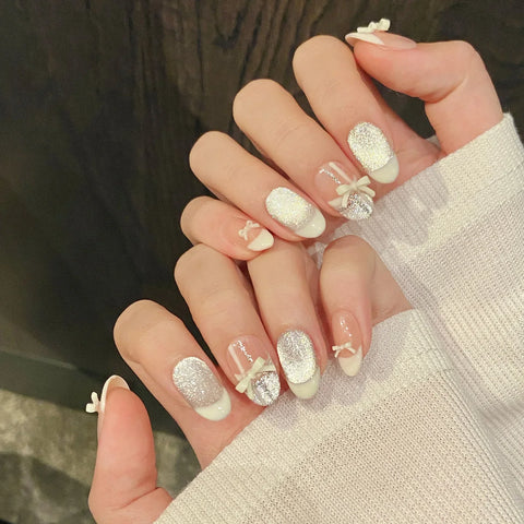 10pcs Sweet Ballet Style Handmade Fake Nails Bowknots Ribbon Cream French Tips Press On Nail Blush Shiny Cat's Eye False Nails