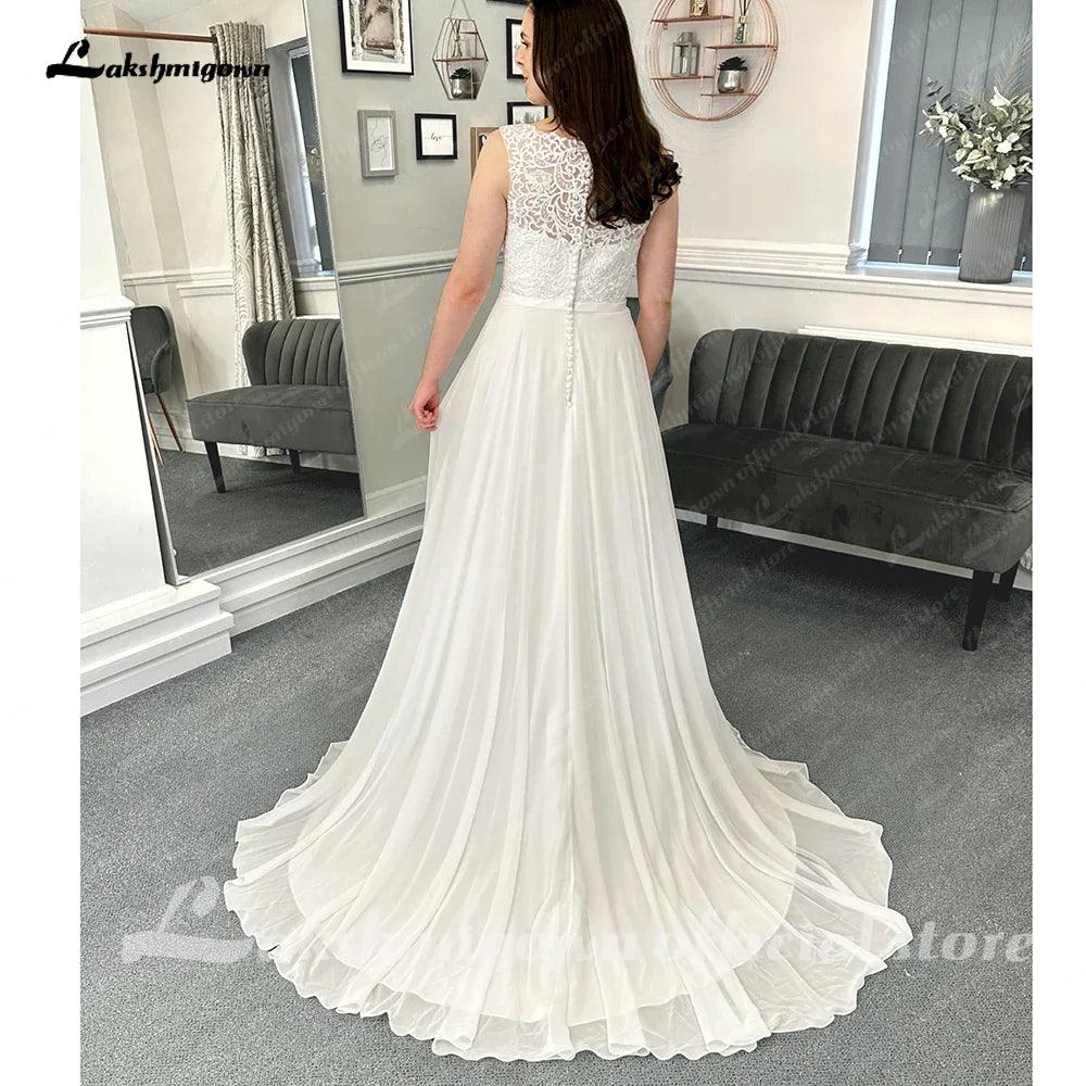 Vestido de novia NumberSea de gasa con encaje y escote barco para mujer, 2025, con espalda abierta 
