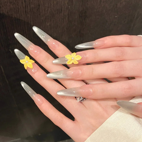 10 Stück Handgemachte gelbe Plumeria Press On Nails Farbverlauf Mintgrün Französischer Stil Falsche Nägel Lange Ballerina Tragbare Sommernägel 