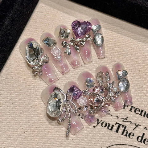 10pcs Handmade Autumn Press On Nails Mid-length Ladder Gold Foil Flower Tips Fake Nail White French Style False Nail For Women