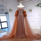 Luxury Pink Beaded Mermaid  Arabic Evening Dress with Cape