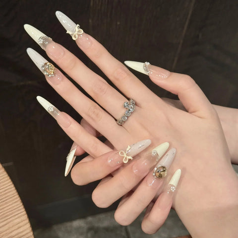 10pcs Cream Yellow French Style False Nail Summer Sequins Bowknots Rhinestone Decor Handmade Press On Nails Gentle Almond Nail