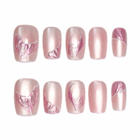 10pcs Nude Pink Cat's Eye Press On Nails Handmade Pink Mermaid Tail Pattern False Nails Sweet European Wearable Fake Nail Tips