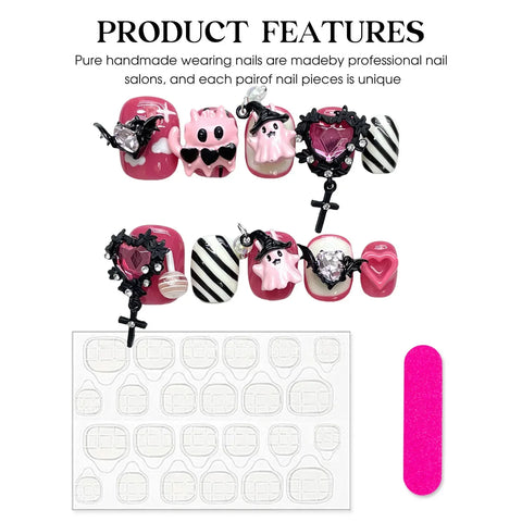 10 Stück Halloween-Thema Falsche Nagelspitzen 3D Teufel Liebe Herz Designs Aufdrücken Nägel Rosa Rosa Kurze Runde Handgemachte Gefälschte Nägel Kunst 