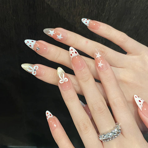 10pcs Y2k Bowknot Star Press On Nails Sweet Blush Pink Leopard Print French Style Handmade False Nail White Edge Almond Manicure