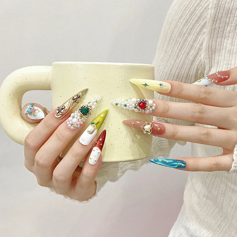 10pcs Handmade French Tips Fake Nails Flash Diamond Heart Pearl Tulip Flower Designs Press On Nails Luxury False Nails For Women