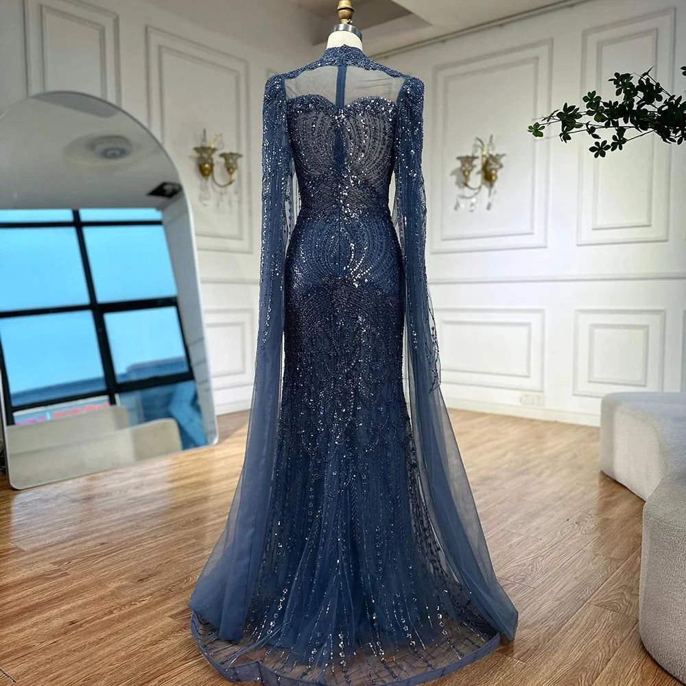 Luxuriöses, dezentes blaues Meerjungfrauen-Abendkleid mit Cape LA73006