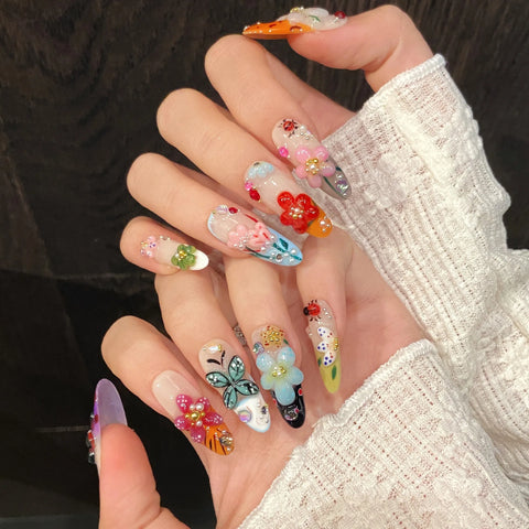 10 uñas postizas creativas de verano hechas a mano con diseños de insectos y flores de colores en 3D, uñas postizas de estilo francés Y2k para primavera. 