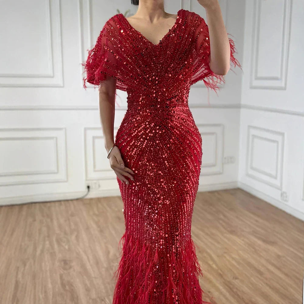 Luxury Arabic Red Mermaid Evening Dress with Feathers Beaded