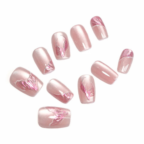 10pcs Nude Pink Cat's Eye Press On Nails Handmade Pink Mermaid Tail Pattern False Nails Sweet European Wearable Fake Nail Tips