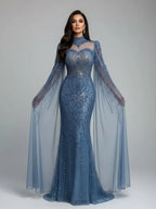 Luxuriöses, dezentes blaues Meerjungfrauen-Abendkleid mit Cape LA73006