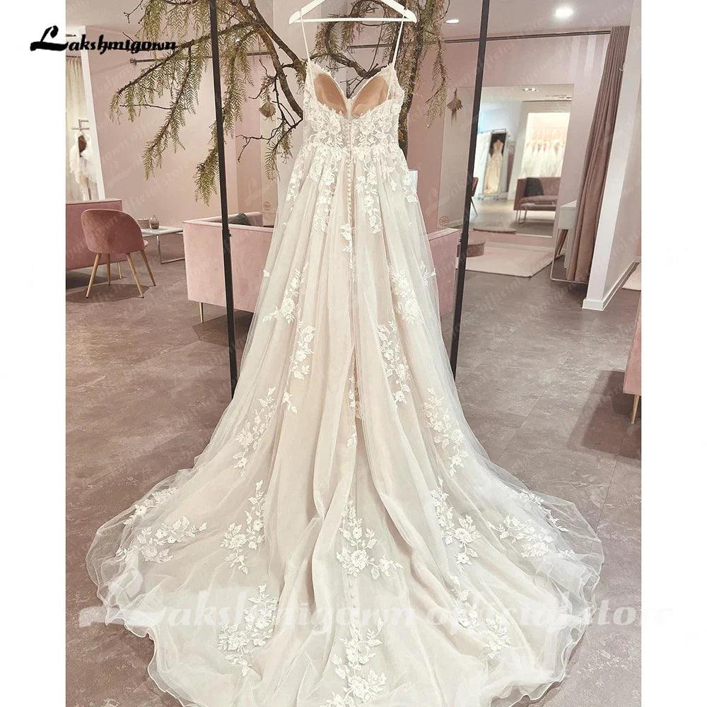 Vestido de novia NumberSea con tirantes finos 2025, elegante, largo, para playa, con apliques de encaje floral. 
