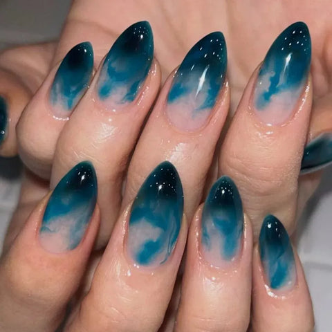 24pcs Dark Blue Gradient Oval Fake Nails Press On Nails French Spotting Gentle False Nails Short Almond Artificial Nail Wearable