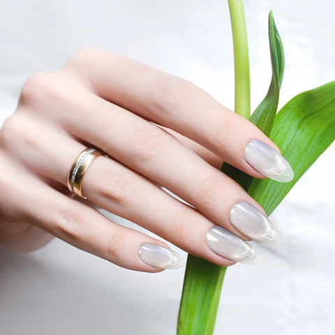 10pcs Handmade Almond Press On Nails Flash Cat's Eye False Nail Patches White French Style Detachable Fake Nail Tips For Women