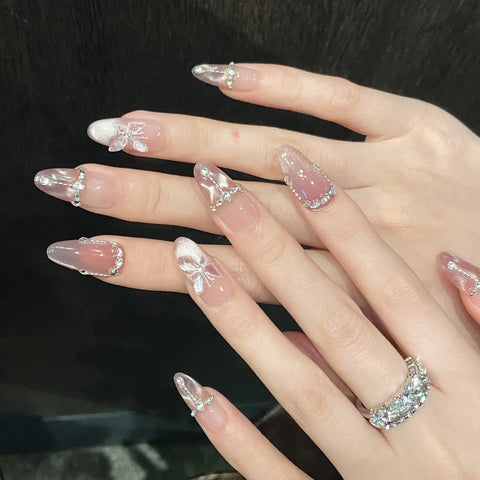 10pcs Handmade Press On Nails Crystal Butterfly Glossy Dimoand Decor False Nail Clear Cat Eye Sweet Pink French Style Fake Nails