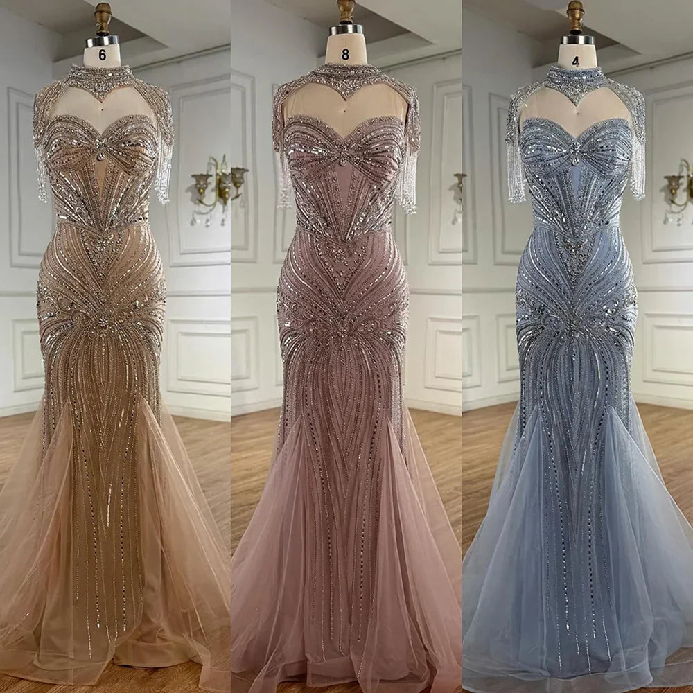 Vestido de Noche Sirena con Cuentas Color Nude de Lujo y Cuello Alto LA72897