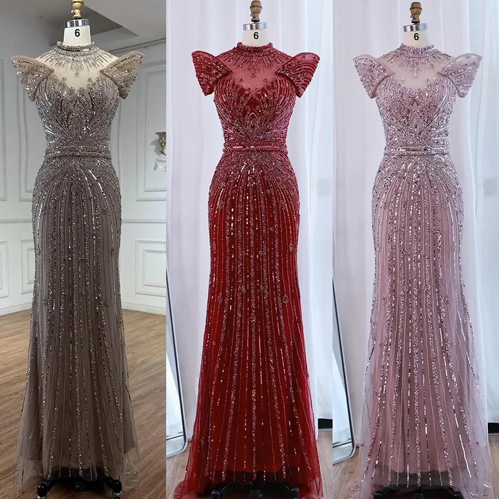 Vestido de Noche de Lujo Color Caramelo Sirena con Cuentas LA73082