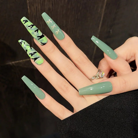 10pcs Long Coffin Army Green False Nail Patches Ballerina Spring Summer Wearable Handmade Press On Nails Full Cover Manicure Art