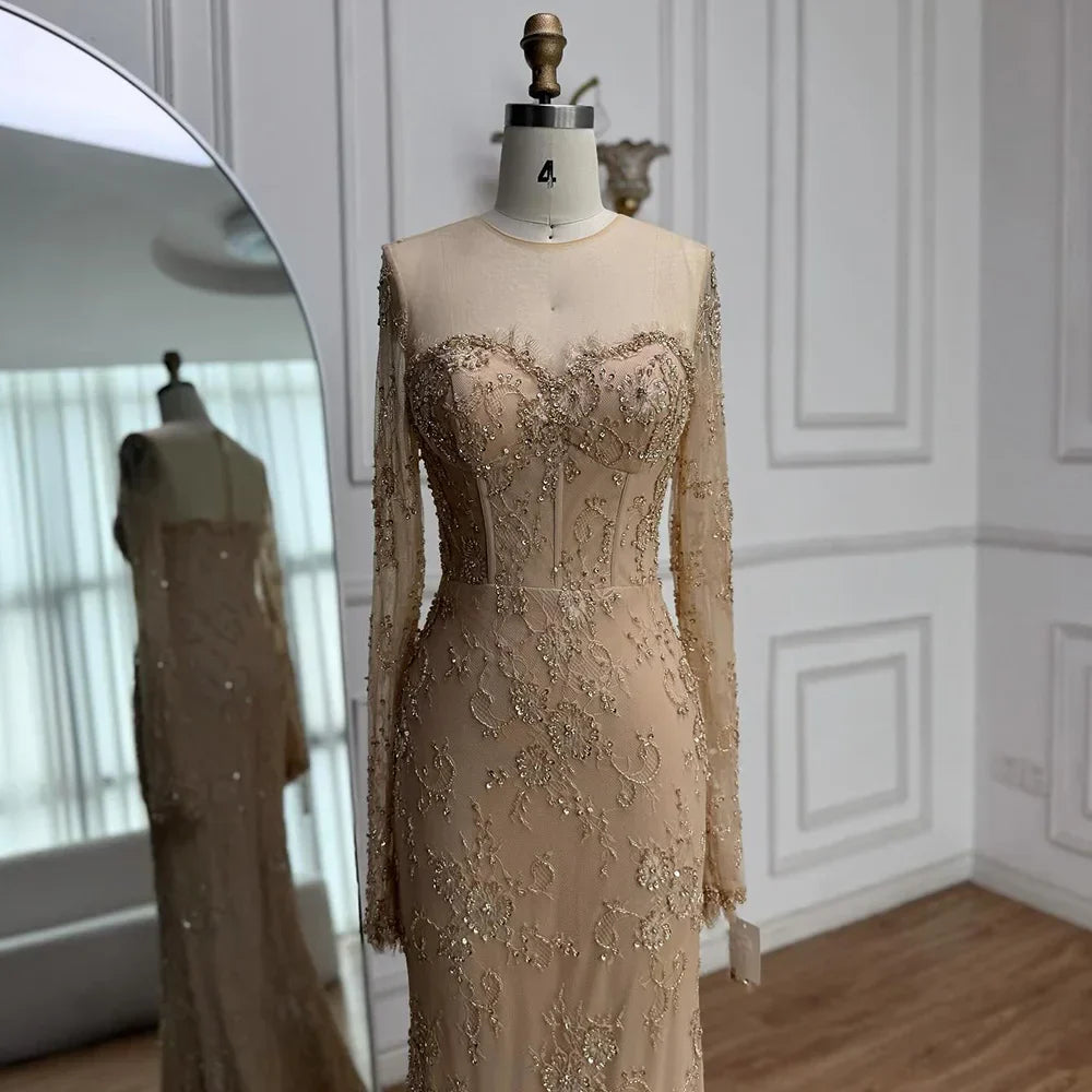 Luxury Arabic Lace Beaded Mermaid Evening Dress with Sleeves