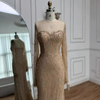 Luxury Arabic Lace Beaded Mermaid Evening Dress with Sleeves