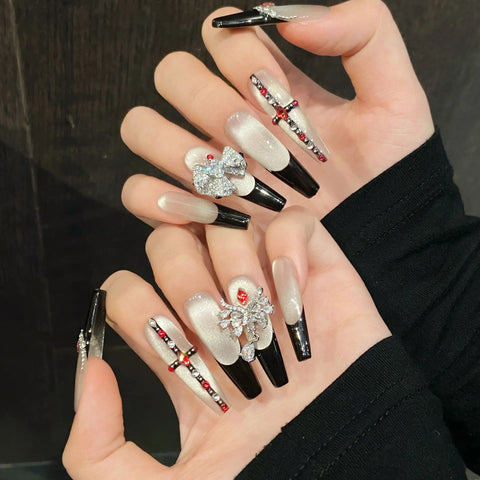 10pcs Spicy Girl Wearable Fake Nails Handmade Bulb Cat's Eye Black French Style False Nail Shiny Rhinetone Press On Nails Coffin